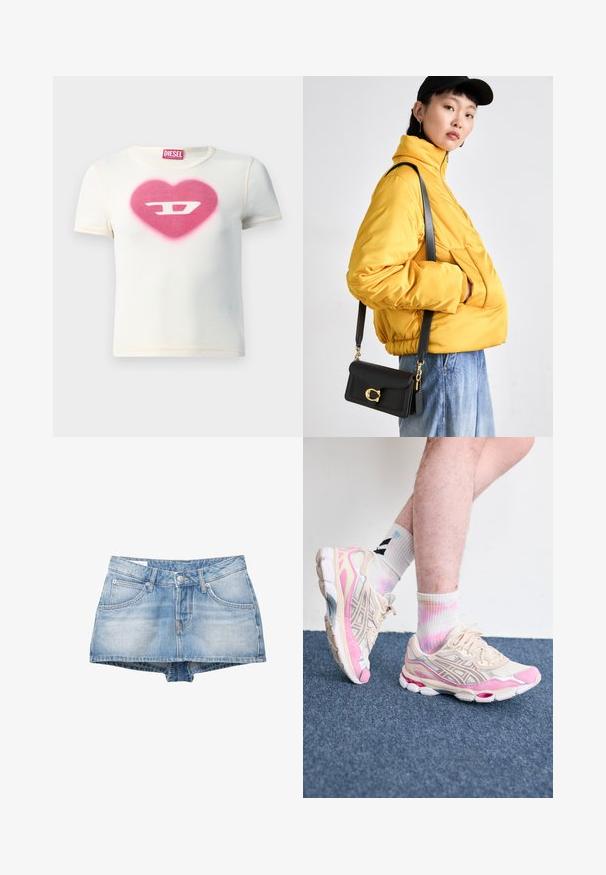 Valkoinen lyhythihainen t-paita, jossa on vaaleanpunainen sydämendesign kirjaimella "D" keskellä. Paita on valmistettu ribbikankaasta, jossa on kontrastiväri saumoissa.; Farkkuhousut vaaleansinisinä, joissa on kulunut pesu. Ominaisuuksiin kuuluu viisi taskua ja edessä nappikiinnitys. Klassinen malli suoran helman kanssa.; Beige ja roosa urheilulenkkarit hopeisilla yksityiskohdilla, verkkohuput ja paksu pohja. Yhdistetty värikkäisiin, solmittuihin sukkiin.; Keltainen pehmustettu takki korkean kauluksen ja etutaskun kanssa, yhdistettynä mustaan olkalaukkuun, jossa on kultaiset yksityiskohdat. Rentouttavat farkut.