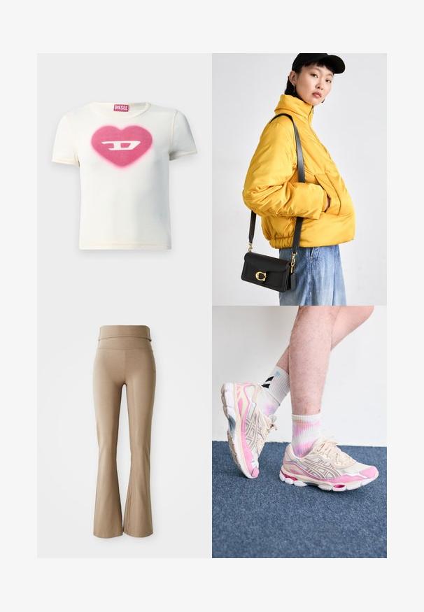 T-shirt bianco a maniche corte con un design a cuore rosa al centro con la lettera "D", realizzato in tessuto a costine con cuciture a contrasto.; Leggings beige a palazzo realizzati in tessuto elastico; presentano una cintura larga e pieghevole e dettagli di cuciture sottili. Texture liscia, design aderente.; Sneaker sportive beige e rosa con dettagli in argento, sovrapposizioni in rete e una suola spessa. Indossate con calze colorate a tie-dye.; Giacca gialla imbottita con colletto alto e tasca anteriore, abbinata a una borsa a tracolla nera con dettagli in oro. Pantaloni in denim casual.