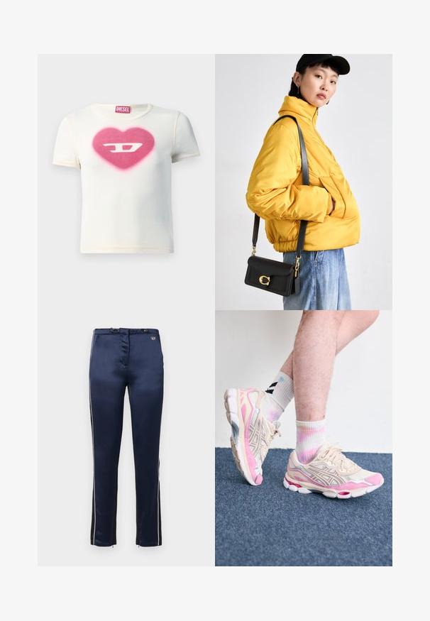 Balta T-kreklu ar īsām piedurknēm, kura priekšpusē ir rozā sirds dizains ar burtu "D" centrā, izgatavots no ribotā auduma ar kontrastējošām šuvēm.; Tumši zilas satīna bikses ar gludu tekstūru, ar melnām sānu svītrām un sudraba akcentiem. Iekļauts neliels logotips uz jostas.; Bežīgas un rozā sporta kedas ar sudraba akcentiem, acu pārklājumiem un masīvu zoli. Valkātas ar košām, saistētu krāsu zeķēm.; Dzeltena uzpūsta jaka ar augstu apkakli un priekšējo kabatu, kombinēta ar melnu krustu somu ar zelta apdari. Ikdienišķi džinsu apakšējie apģērbi.