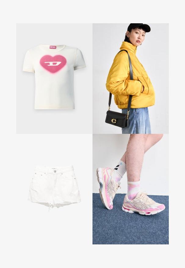 Vitt kortärmat t-shirt med en rosa hjärtdesign med bokstaven "D" i mitten, tillverkat av ribbad tyg med kontrasterande sömmar.; Vita denimshorts med en sliten look, fransad nederkant och fem-ficksdesign. Inkluderar metallknapp och nitar.; Beige och rosa atletiska sneakers med silverfärgade detaljer, nätöverdrag och en tjock sula. Bärs med färgglada, tie-dye-strumpor.; Gul vadderad jacka med hög krage och framficka, ihop med en svart crossbody-väska med gulddetaljer. Avslappnade denimbyxor.