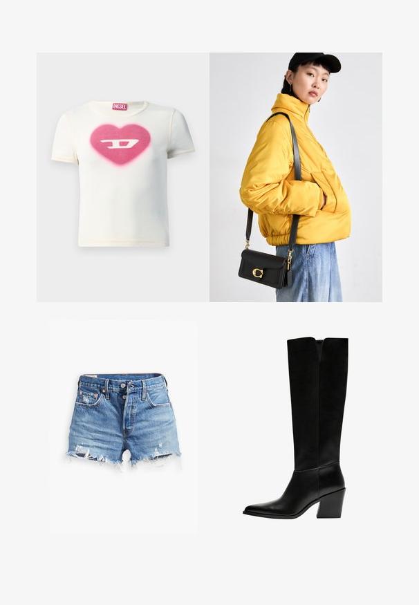 Valkoinen lyhythihainen t-paita, jossa on vaaleanpunainen sydämendesign kirjaimella "D" keskellä. Paita on valmistettu ribbikankaasta, jossa on kontrastiväri saumoissa.; Vaaleansiniset farkkushortsit, joissa on repaleiset lahkeet, korkea vyötärö, nappikiinnitys ja kaksi etutaskua; kulutettu yksityiskohta lisää tekstuuria.; Mustat polvimittaiset saappaat, jotka on valmistettu sileästä nahasta. Saappaissa on terävä kärki, tukevat korko ja V-muotoinen leikkaus ylhäällä.; Keltainen pehmustettu takki korkean kauluksen ja etutaskun kanssa, yhdistettynä mustaan olkalaukkuun, jossa on kultaiset yksityiskohdat. Rentouttavat farkut.