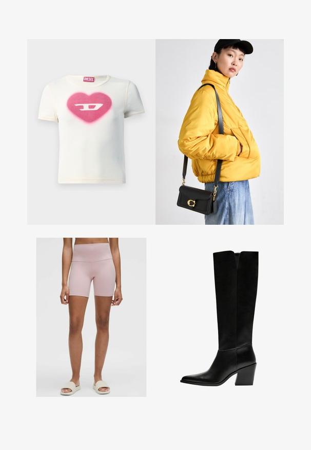 Fehér rövidujjú póló, melyen egy rózsaszín szívmotívum található, közepén a "D" betűvel, bordás anyagból készült, kontrasztos varrásokkal.; Világos rózsaszín, magas derekú kerékpáros rövidnadrág rugalmas anyagból. Simább textúrával és testhezálló szabással rendelkezik, a comb közepéig ér.; Fekete, térd fölé érő csizma sima bőrből, hegyes orral, tömbsarkával és V-alakú kivágással a tetején.; Sárga steppelt kabát magas gallérral és elülső zsebbel, fekete keresztpántos táskával, arany kiegészítőkkel. Kényelmes farmer alsó.