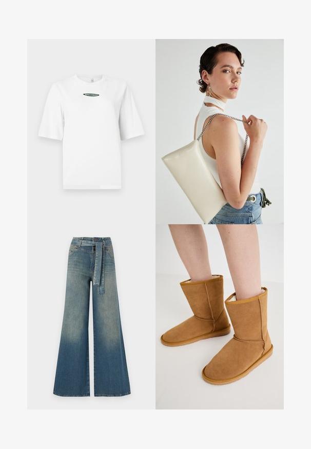 Valge lühikeste varrukatega T-särk puuvillast, millel on rohelise värvi "RIPE&FRESH" logo keskel rinnas ovaalses disainis.; Laiad denimpüksid, millel on hele tume sinine gradiendiefekt, kõrge vöökoht, vöökumlid ja sobivast kangast vöö. Struktureeritud denimi viimistlus.; Tan värvi nahast pahkluu saapad pehme kreemja voodriga. Omavad lamedat tallat ja õmblusaktsente õmbluste ääres, loodud mugavuseks.; Valge ristkülikuline kotti, mis on valmistatud läikivast materjalist, hõbedase ahelsangaga. Mudel poseerib, tutvustades kotti ühtlase taustaga.