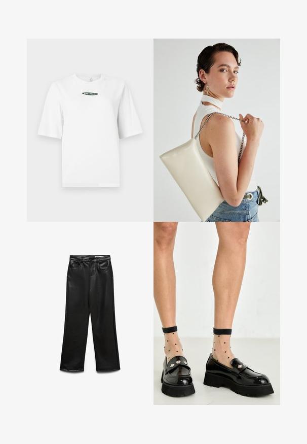 Hvit kortermet t-skjorte laget av bomull, med en grønn "RIPE&FRESH" logo sentrert på brystet i et ovalt design.; Sorte videbukser i kunstlær med frontlommer, beltehemper og subtil glans. Jevn tekstur og skreddersydd passform.; Sorte patentlæder loafers med en chunky sål, prydet med dekorativt sølvhardware. Sammen med gennemsigtige ankelstrømper med prikker.; Hvit rektangulær clutch-veske laget av blankt materiale, med en sølvkjede-stropp. Modellen poserer og viser vesken mot en ensfarget bakgrunn.
