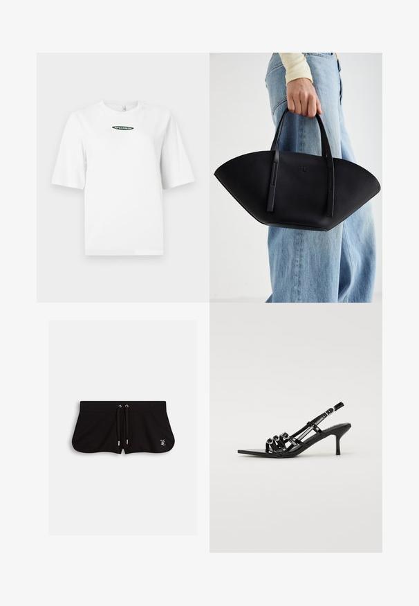 Valge lühikeste varrukatega T-särk puuvillast, millel on rohelise värvi "RIPE&FRESH" logo keskel rinnas ovaalses disainis.; Mustad mustad pehmest kangast lühikesed püksid, millel on kummipaelaga vöökoht, külgedel lõhud ja ees väike brodeeritud logo.; Must mustaga kõrge kontsaga kingad, millel on terav nina, mitme kitsas rihmaga ja ringjate aksessuaaridega esiküljel.; Must mustra kott, millel on unikaalne fännikujuline disain, millel on lapikud käepidemed. Pinna tekstuur on kivikujuline ja disain on minimalistlik.