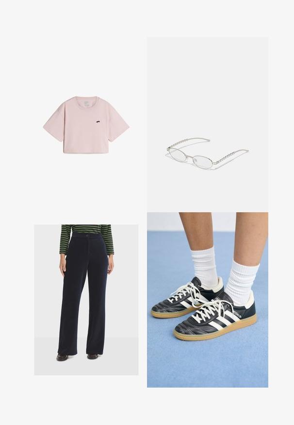 Vans SALTON RELAXED FIT CROP - T-shirt basic - light brown; Marineblauwe ribgebreide wijde broek met een knoopsluiting, gemaakt van een gestructureerde stof en met een hoge taille, gecombineerd met donkere schoenen.; Zwarte leren sneakers met witte strepen, ronde neus, witte veters en een gumrubberen zool. Versterkt met een gevoerd kraag en merkdetails.; Ovale brillen met een metallic zilveren montuur, heldere glazen en getextureerde kraalaccenten op de tempels. Lichtgewicht ontwerp met gebogen armen.