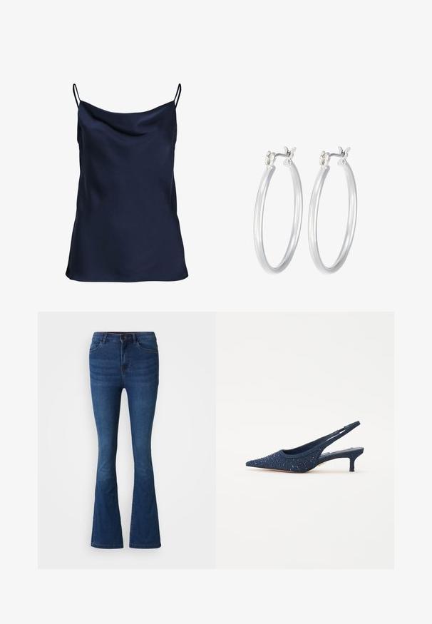 Námorníckomodrá saténová tielko s drapériou v oblasti krku, tenkými nastaviteľnými ramienkami a jemnou, hladkou textúrou. Jednoduchý dizajn bez vzorov.; Tmavomodré denimové zvonové nohavice s prednými a zadnými vreckami, zapínaním na gombík a zips, a vyblednutím na stehienkach a kolenách.; Námorníckomodrý slingback s úzkou špičkou, ozdobený modrými korálkami a textilným zvrškom; má nízky blokový podpätok.; Strieborné kruhové náušnice s hladkým, lesklým povrchom. Kolový tvar a bezpečné klikanie na uzatváranie. Ľahký dizajn vhodný na každodenné nosenie.