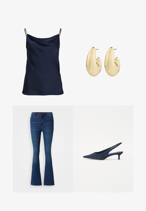 Námorníckomodrá saténová tielko s drapériou v oblasti krku, tenkými nastaviteľnými ramienkami a jemnou, hladkou textúrou. Jednoduchý dizajn bez vzorov.; Tmavomodré denimové zvonové nohavice s prednými a zadnými vreckami, zapínaním na gombík a zips, a vyblednutím na stehienkach a kolenách.; Námorníckomodrý slingback s úzkou špičkou, ozdobený modrými korálkami a textilným zvrškom; má nízky blokový podpätok.; Zlaté náušnice s hladkým, zaobleným tvarom, s lesklým povrchom a západkovým zapínaním pre bezpečné nosenie.