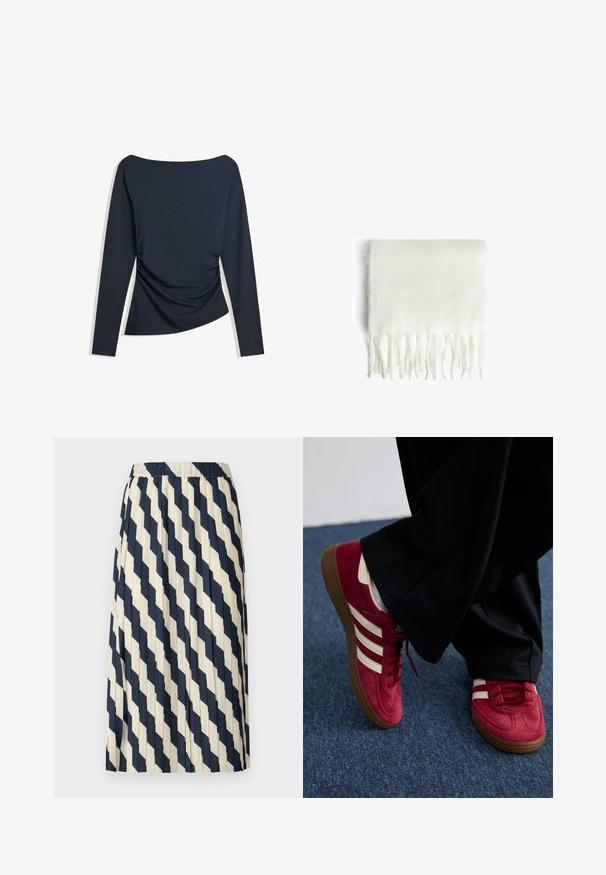 Top lung cu mânecă lungă, de culoare albastru marin, cu decolteu tip bateau și detaliu plisat pe lateral, întins pe un fundal alb.; Fustă plisată în crem și bleumarin, cu un model în diamant. Talie elastică și material ușor crează o siluetă fluidă.; Adidași din suede roșu cu dungi albe, design cu șireturi și talpă din cauciuc texturat maro. Purtați cu pantaloni negri, pe un covor albastru.; Fular alb din fleece cu margini franjurate, textură moale și formă rectangulară. Ideal pentru a fi purtat în straturi și pentru a oferi căldură.