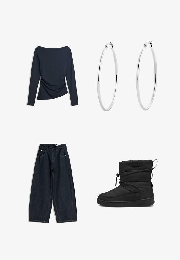 Marineblauw top met lange mouwen, bootnek en ruches aan de zijkant, plat gelegd op een witte achtergrond.; Donkerdenim wijde broek met een trekkoord in de taille, vijf zakken en contrasterende stiksels. Gladde textuur en een losvallend ontwerp.; Zwarte geïsoleerde laars met een gewatteerde textuur, elastische trekkoordsluiting, gewatteerde bovenrand en een rubberen zool met een minimalistisch logo.; Zilveren creolen met een glad, gepolijst oppervlak en een naadloos ontwerp, voorzien van afgeronde randen en een stevige sluiting.