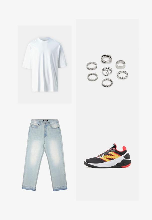 Tricou alb cu mânecă scurtă, fabricat din bumbac moale. Are un guler rotund, croială lejeră și o textură netedă. Fără modele sau accente vizibile.; Pegador BARROW - Blugi loose fit - sand washed blue; Adidași negri pentru sport, cu un design colorat, cu dungi galbene și roșii, o guler căptușit și o talpă texturată cu un accent roșu.; Set de șapte inele din argint cu diverse modele, inclusiv modele răsucite, legate și gravate. Forme și lățimi diferite.