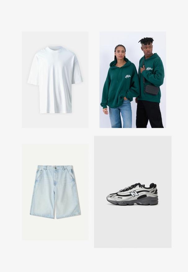 Bijela kratkosjećana majica od mekanog pamuka. Ima okrugli izrez, opuštene je siluete i glatku teksturu. Nema vidljivih uzoraka ili naglasaka.; Svijetloplave traper šortseve ravnog kroja, s petljama za pojas, pet džepova i diskretnim izbljeđivanjem. Klasična tekstura pamuka.; Siva i crna atletska obuća s mrežastim gornjim dijelom, mekanim potplatom, vezanjem i detaljem brendiranja sa strane.; Zelene dukserice s kapuljačom i prednjim džepovima, slobodnog kroja. Jedan model nosi crne traperice, dok drugi nosi crnu torbu preko tijela.; Zlatni ručni sat s crnim licem, tri podmjerenja i gumenim remenom, nosi se uz bijelu košulju s čipkastim uzorkom.