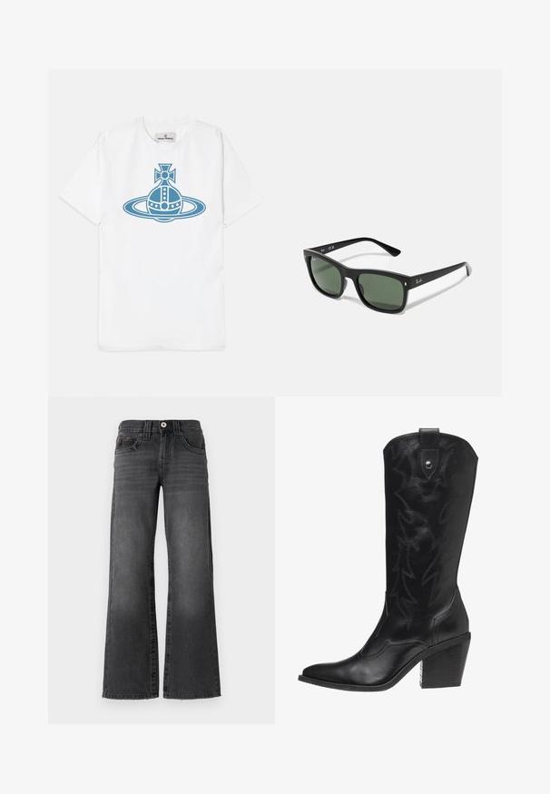 Witte katoenen t-shirt met een blauw grafisch ontwerp van een gestileerde bom omringd door een ring, met gedetailleerde elementen zoals stippen en een kruis.; Wijdere spijkerbroek van donkergrijze denim. Bevat vijf zakken, een knoopsluiting en subtiele vervaging op de stof. Klassieke stiksels als accent.; Zwarte leren cowboylaars met een spitse neus, hoge hak en decoratieve stiksel in een bliksemschichtpatroon langs de schacht.; Zwarte rechthoekige zonnebril met donkergroene lenzen, gemaakt van kunststof, met metalen details nabij de lenzen en een merklogo op het scharnier.; Vivienne Westwood CITY BUMBAG UNISEX - Heuptas - black