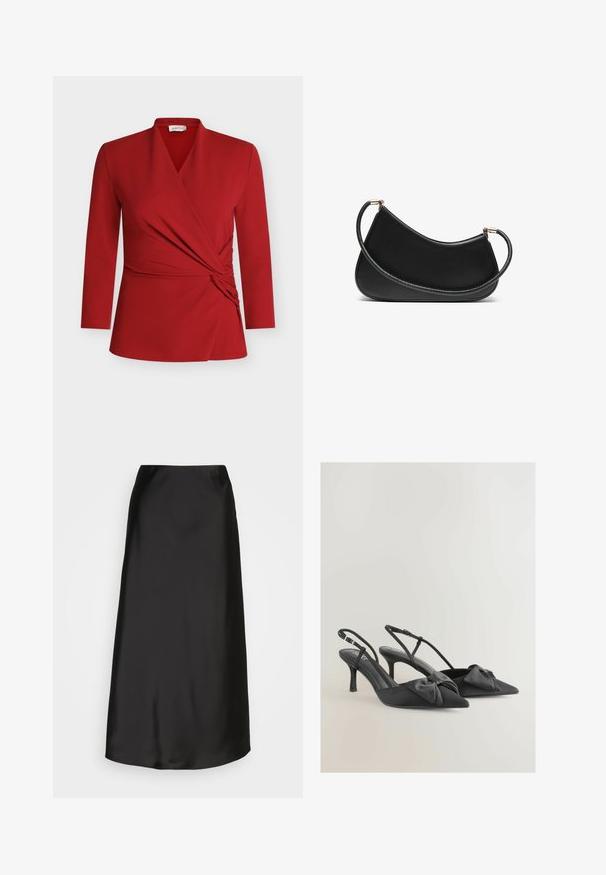 Red long-sleeve wrap top featuring a v-neckline, gathered side detail, and smooth texture. Made from lightweight, stretchy material.; Black satin midi skirt with a smooth texture, A-line shape, and a subtle sheen. Features a sleek, uncomplicated design without embellishments.; Black satin slingback heels with pointed toes, small bows on the vamp, and slender heels. Features adjustable ankle straps.; Black leather shoulder bag with a curved design, featuring a textured strap and gold-tone hardware at the top closure. Smooth finish.