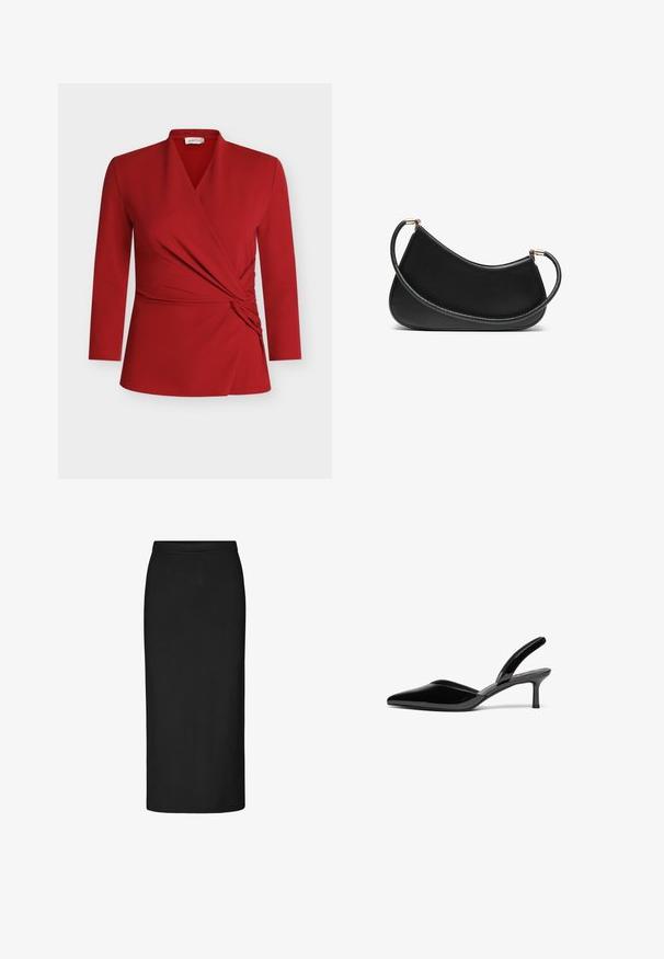 Top vermelho de manga comprida com estilo envelope, apresentando decote em V, detalhe recolhido lateral e textura suave. Feito de material leve e elástico.; Saia preta em tecido elástico, de cintura alta, corte reto, até ao joelho, com uma textura suave e sem adornos visíveis.; Sapatilhas de salto slingback em couro sintético preto com bico fino, salto stiletto baixo e um design elegante e simples, sem embellishments.; Bolsa de ombro em couro preto com um design curvo, apresentando uma alça texturizada e detalhes em dourado no fecho superior. Acabamento suave.