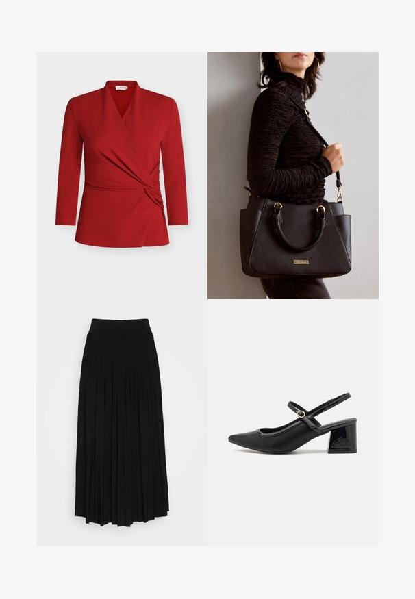 Red long-sleeve wrap top featuring a v-neckline, gathered side detail, and smooth texture. Made from lightweight, stretchy material.; Black pleated skirt with a high, stretchy waistband. Made from soft fabric, featuring vertical pleats for a flowing silhouette.; Black patent leather slingback heels with a pointed toe, a rounded cutout design, and a block heel. Features a gold-tone buckle accent.; Black handbag with textured surface, dual top handles, and adjustable shoulder strap. Features gold-tone hardware and side pockets.