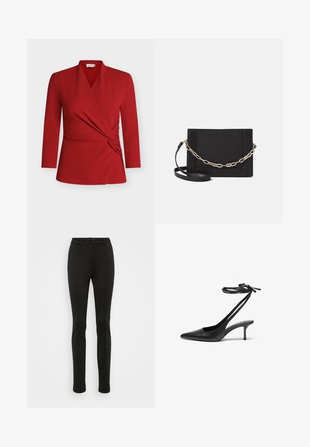 Sarkans garām piedurknēm wrap tops ar V veida izgriezumu, savāktu sānu detaļu un gludu tekstūru. Izgatavots no viegla, elastīga materiāla.; Melni pieguloši bikses no gludas auduma. Ir pogas aizdare, jostas cilpas un tīras priekšējās šuves. Konusveida kāju dizains.; Melnas ādas stiletto kurpes ar norādītu purngalu, atvērtu aizmuguri un potītes siksniņām, kas sasietas neglītajā mezglā. Šaurs 3 collu papēdis. Gluda tekstūra, minimālisma dizains.; Melna ādas crossbody soma ar gludu faktūru, taisnstūrveida formu un metalizētu ķēdes detaļu priekšā. Iekļauta regulējama siksna.