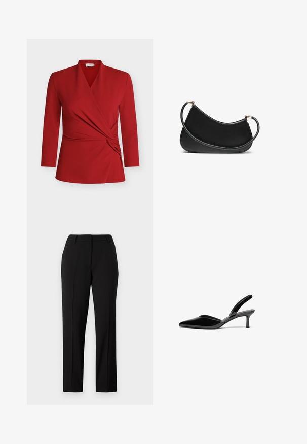 Sarkans garām piedurknēm wrap tops ar V veida izgriezumu, savāktu sānu detaļu un gludu tekstūru. Izgatavots no viegla, elastīga materiāla.; Melnas taisnas bikses gludā audumā. Funkcijas ietver plakanu priekšpusi, jostas cilpas un sānu kabatas. Izstrādātas oficiālā vai biznesa apģērbam.; Melnas lakotas ādas siksnas papēža kurpes ar garu purngalu, zemu stiletto papēdi un elegantu, vienkāršu dizainu bez rotājumiem.; Melnas ādas plecu soma ar izliekumu, aprīkota ar teksturētu siksnu un zelta tonētiem aksesuāriem augšējā aizdara daļā. Gluda apdare.; Zelta toņa auskari ar ģeometrisko formu maisījumu: kvadrāts, aplis un saistīti ovālie dizaini ar pulētu apdari.