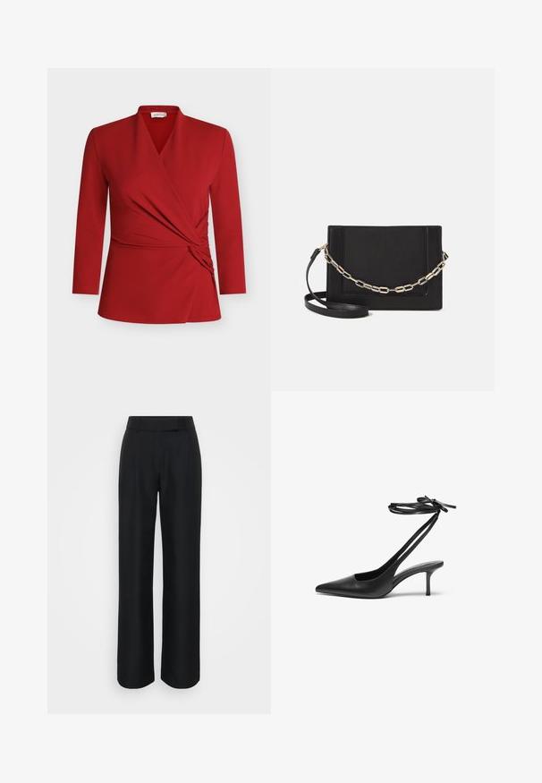 Rode wikkel top met lange mouwen, voorzien van een V-hals, geplooide zijkant en een gladde textuur. Gemaakt van lichtgewicht, rekbaar materiaal.; Zwarte wijde broek gemaakt van een gladde stof, met een hoge taille en subtiele plooien aan de voorkant; geen zichtbare patronen of hardware.; Zwarte leren stiletto-schoen met een spitse neus, open achterkant en enkelschoentjes die in een strik zijn geknoopt. Slanke 3-inch hak. Glad textuur, minimalistisch ontwerp.; Zwarte leren schoudertas met een gladde textuur, rechthoekige vorm en een metallic kettingdetail aan de voorkant. Verstelbare schouderband inbegrepen.