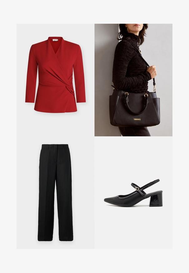 Punainen pitkähihainen kietaisupaita, jossa on v-mallinen pääntie, poimittu sivutaihe ja sileä pinta. Valmistettu kevyestä, joustavasta materiaalista.; Mustat leveät housut, valmistettu kevyestä kankaasta. Ominaisuuksiin kuuluu litteä etuosa, vyölenkit ja sivutaskut, mikä tarjoaa rentouttavan istuvuutta.; Musta lakattu nahka slingback-korkokengät, joissa on terävä kärki, pyöreä aukko-muotoilu ja lohkokorko. Varustettu kultasävyisellä solkiyksityiskohdalla.; Musta käsilaukku, jossa on teksturoitu pinta, kaksi yläkantta ja säädettävä olkahihna. Varustettu kultasävyisillä varusteilla ja sivutaskuilla.