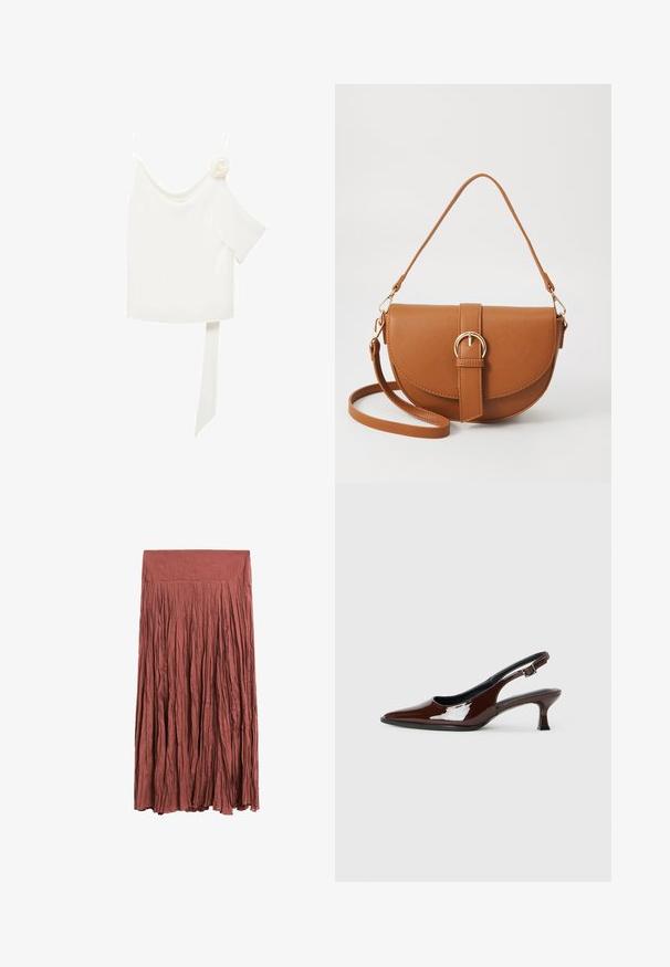 Blouse blanche à une épaule, ornée d'une accent floral d'un côté et d'un long panneau noué à la taille. Texture lisse.; Jupe plissée longue de couleur rouille, fabriquée en tissu léger. Dotée d'une ceinture lisse et d'une texture verticale sur toute sa surface.; Chaussure slingback en cuir verni marron avec un bout pointu et un talon modéré. Elle est dotée d'une sangle à boucle pour un ajustement sécuritaire. Texture lisse.; Sac bandoulière en cuir marron avec une forme incurvée, quincaillerie dorée et un accent en boucle. Comprend une bandoulière détachable.