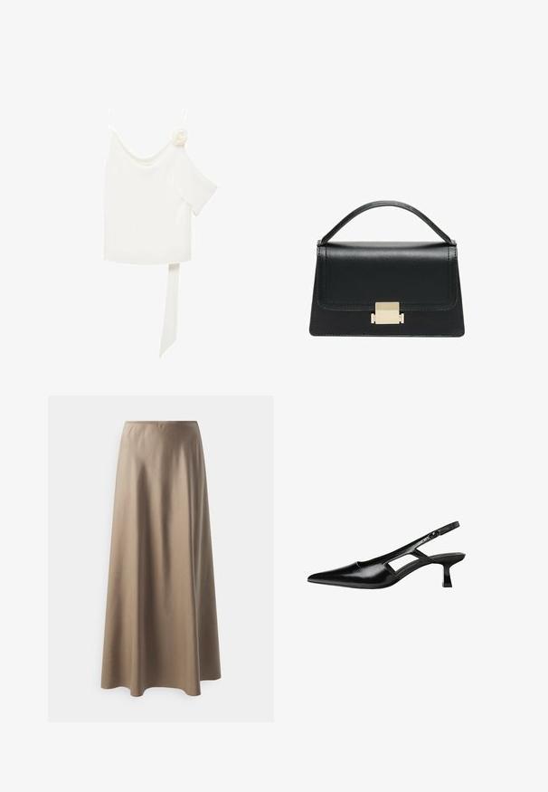 Bijela bluzica s dizajnom jednog ramena, koja s jedne strane ima cvjetni detalj i dugu, vezanu traku u struku. Glatka tekstura.; Suknja srednje dužine napravljena od glatkog, bež materijala s elastičnim pojasom i lepršavim, slobodnim siluetom. Nema vidljivih uzoraka ili akcenta.; Crne lakirane natikače na remenčić sa špicastim nosom, dizajnom sa izrezima sa strane i malim kvadratnim potplatom. Glatka tekstura s minimalnim akcentima.; Crna kožna torba s strukturiranim dizajnom, gornjom drškom i zlatnim metalnim kopčanjem na prednjoj strani. Glatka tekstura, minimalno šivanje.
