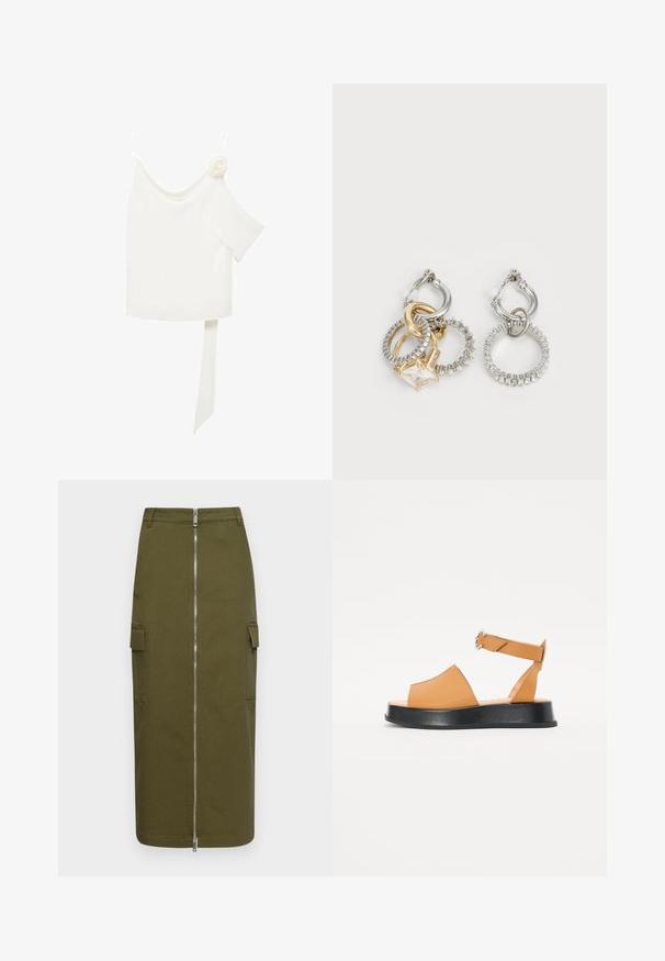 Witte blouse met een een-schouderontwerp, met een bloemaccent aan de ene kant en een lange, gestrikte strook om de taille. Soepele textuur.; Olijfgroene cargorok, gemaakt van een katoenmix, met een centrale ritssluiting en twee zijzakken voor extra functionaliteit.; Tan leren sandaal met een brede voorkant, open teen, verstelbare band en een dikke zwarte plateauzool. Soepele textuur en minimalistisch ontwerp.; Oorbellen in de vorm van hoops met verweven gouden en zilveren ringen, voorzien van een heldere cubic zirconia accent en een textuurband op één ring.