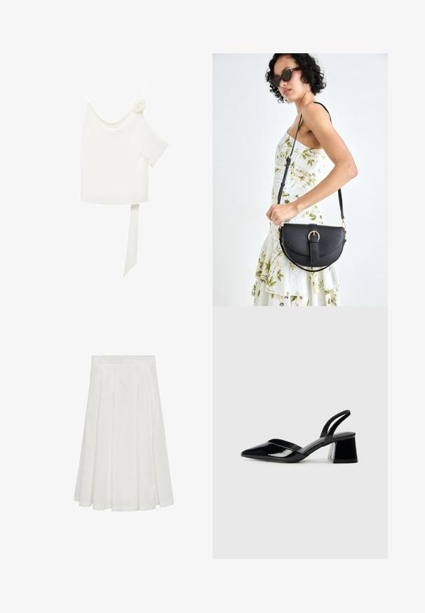 Bela bluza z enostranskim dizajnom, ki ima cvetni poudarek na eni strani in dolg, zavezan panel v pasu. Gladka tekstura.; Mango Krilo A-kroja - white; Črne lakirane slingback pete s koničastim nosom in geometrijsko blokasto peto. Imajo eleganten, minimalističen dizajn in gladko teksturo.; Črna usnjena torbica s ukrivljeno obliko, z odstranljivo naramnico in zlatimi dodatki. Torbica ima pokrov s podrobnostmi v obliki zaponke.