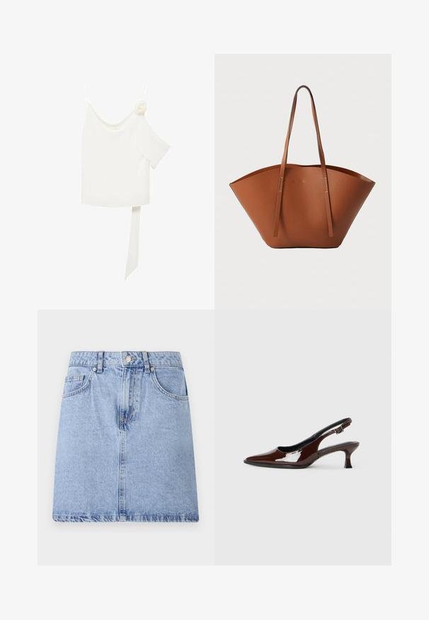 Bela bluza z enostranskim dizajnom, ki ima cvetni poudarek na eni strani in dolg, zavezan panel v pasu. Gladka tekstura.; Svetlo modra denim krila z obliko petih žepov, sprednjo gumbasto in zadrgo, ter z raztrganim robom. Gladka tekstura z rahlim bledenjem.; Rjavi lakirani slingback čevelj z ostro konico in zmerno peto. Ima zaponko za varno prileganje. Gladka tekstura.; Rjava usnjena torba tote z široko, strukturirano obliko, tankimi ročaji in teksturirano površino. Opremljena je z minimalističnim oblikovanjem brez vidne opreme.