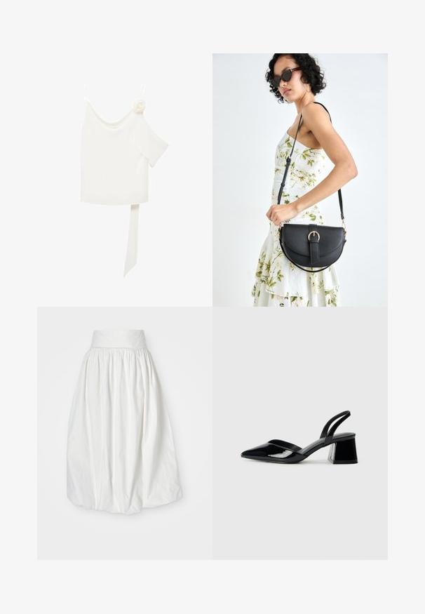Valkea paita, jossa on yksi olka, ja toisella puolella kukkakoriste sekä pitkä sidottu paneeli vyötäröllä. Tasainen tekstuuri.; Valkoinen midi-hame, joka on valmistettu kevyestä kankaasta, ja siinä on korkea, kootut vyötärö ja runsas, virtaava siluetti, jossa on hienoa tekstuuria.; Mustat patentoitu nahkakengät, joissa on säären takaosa ja terävä kärki, sekä geometrinen palikkakorko. Sisältää tyylikkään, minimalistisen muotoilun ja sileän pinnan.; Musta nahkainen käsilaukku, joka on kaareva muotoilultaan, irrotettavalla hihnalla ja kultaisilla yksityiskohdilla. Laukussa on läppä, jossa on solk yksityiskohta.