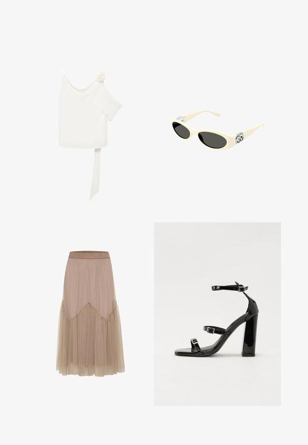 Blouse blanche à une épaule, ornée d'une accent floral d'un côté et d'un long panneau noué à la taille. Texture lisse.; Longue jupe beige en tissu doux et léger. La superposition de tulle présente des bords froncés, créant une texture superposée et une silhouette en A.; Sandales à talons vernies noires avec un bout carré, des sangles autour de la cheville et des boucles en argent. Dotées d'un talon bloc épais pour plus de stabilité.; Lunettes de soleil couleur crème avec des verres ovales, teinte noire et accents de logo métallique au niveau des tempes. Texture lisse, design œil de chat.; Sac à main en cuir noir avec une forme courbée, bandoulière amovible et des accessoires en or. Le sac est doté d'un rabat avec un détail de boucle.