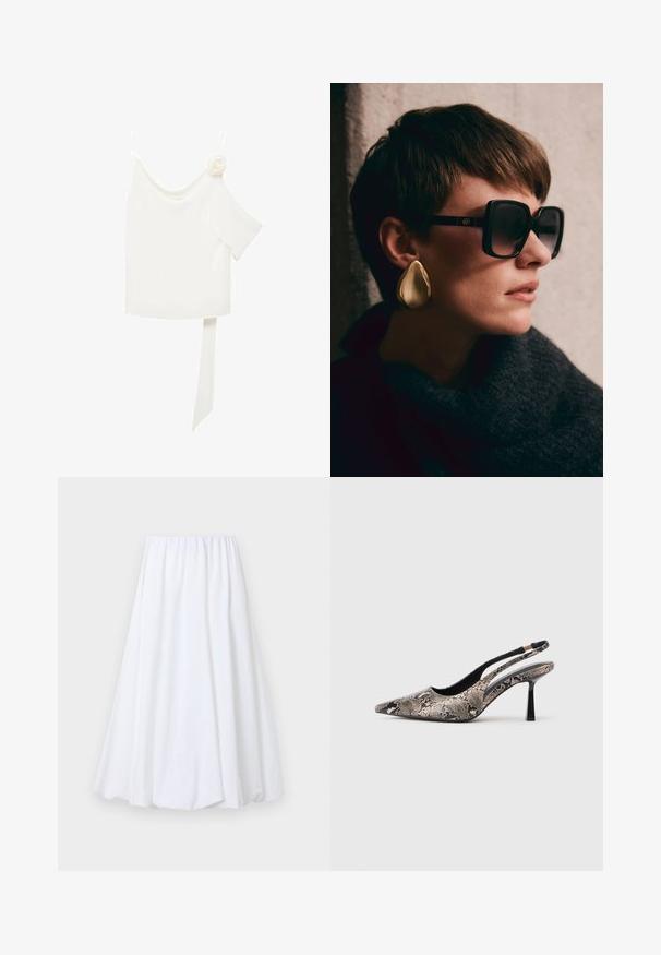 Hvid bluse med en skulderdesign, der har en blomsterdetalje på den ene side og et langt bundet panel om livet. Glat tekstur.; Hvid ankel-længde nederdel med en elastisk talje, lavet af letvægtigt stof med en glat tekstur og en svævende silhuet.; Spidse slingback sko lavet af tekstureret slangeskindsmateriale, med en slank sort hæl og en udskæringsdesign på siderne.; Sorte oversized solbriller med mørke linser og guld hardware, parret med en stor, skinnende guld dråbeørering. Mørk tekstureret tørklæde.
