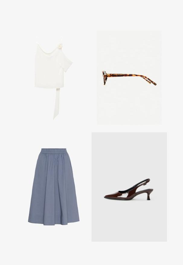 Valkea paita, jossa on yksi olka, ja toisella puolella kukkakoriste sekä pitkä sidottu paneeli vyötäröllä. Tasainen tekstuuri.; Hame pitkässä polven ylle, vaaleansinistä puuvillaa, joustavalla vyötäröosalla, jossa on rypistetty muotoilu ja sileä tekstuuri mukavuutta varten.; Ruske patentin nahkalijatke sa špicastim nosom i umjerenom petom. Sadrže remen s kopčom za sigurno pristajanje. Glatka tekstura.; Kivimäisd värvi päikeseprillid paksu raamiga, kergelt kõverate templitega ja siledast tekstuurist. Omab klassikalist disaini läikiva viimistlusega.