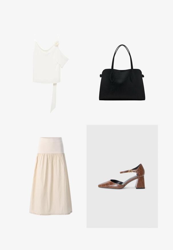 Weißes Blusenshirt mit einem schulterfreien Design, versehen mit einem floralen Akzent auf einer Seite und einem langen, gebundenen Paneel an der Taille. Glatte Textur.; Beige, knielanger Rock mit einem breiten elastischen Bund und gerafftem, fließendem Stoff. Sanfte Textur mit einem weichen, leichten Erscheinungsbild.; Braune patentierte Lederpumps mit quadratischer Zehenform, strukturiertem Krokodilmuster, Knöchelriemen mit goldener Schnalle und blockiertem Absatz.; Schwarze Lederhandtasche mit zwei Schulterriemen, rechteckiger Form und minimalistischem Design auf weißem Hintergrund.