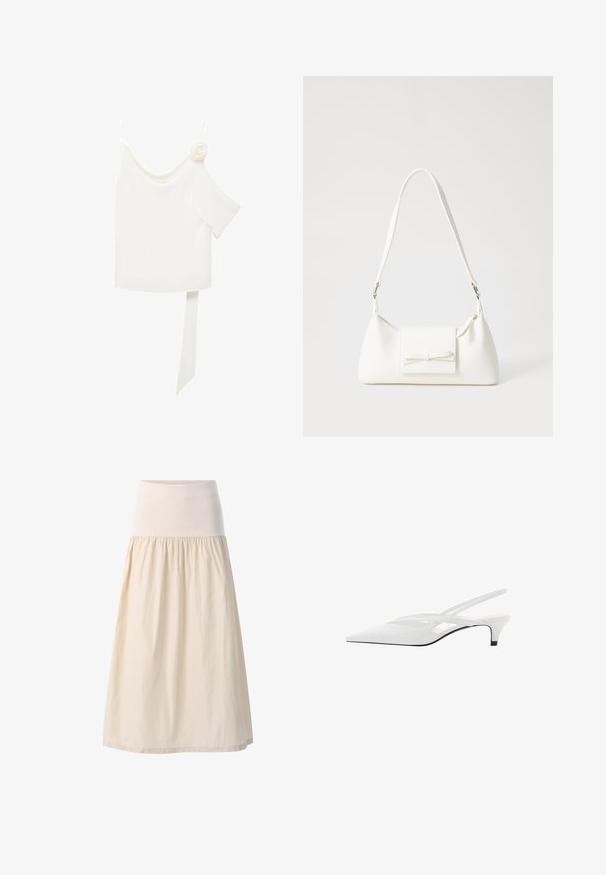 Bela bluza z enostranskim dizajnom, ki ima cvetni poudarek na eni strani in dolg, zavezan panel v pasu. Gladka tekstura.; Bež krilo srednje dolžine z širokim elastičnim pasom in nabranim, tekočim materialom. Gladka tekstura z mehkim in lahkim videzom.; Bela slingback peta z ošiljenim nosom, z gladkim zgornjim delom, subtilnimi izrezi in nizkim blok petkom. Črna podplat poudarja dizajn.; Bela sintetična torbica v obliki trikotnika, z ravnim sprednjim poklopcem in detajlom mašne, nastavljivim trakom, gladko teksturo in minimalističnim dizajnom.