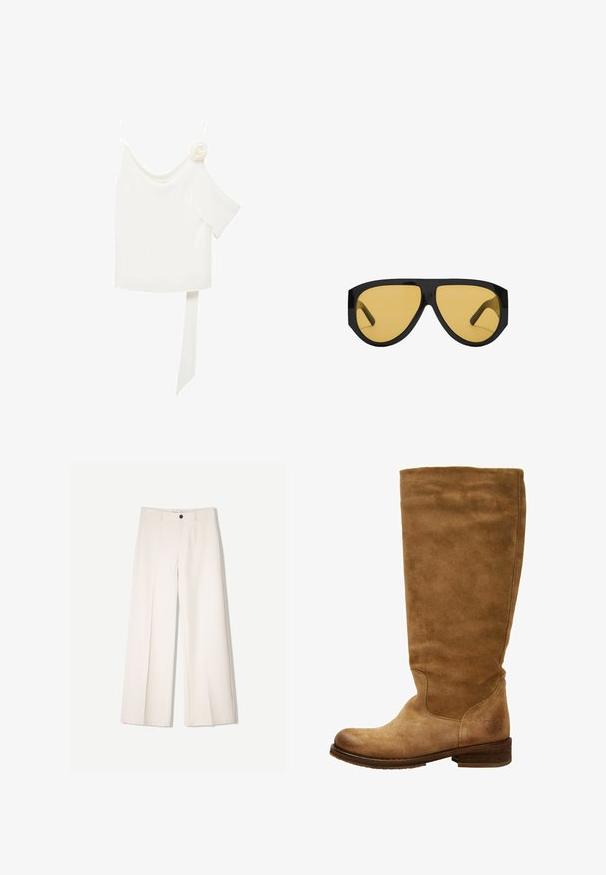 Biała bluzka z asymetrycznym krojem na jedno ramię, z kwiatowym akcentem po jednej stronie i długim, związanym panele przy talii. Gładka faktura.; Kremowe spodnie szerokie z dopasowanym krojem, z dwoma przednimi kieszeniami i pojedynczym zapięciem na guzik z przodu, wykonane z gładkiego materiału.; Brązowy zamszowy but do kolan z okrągłym noskiem i niskim obcasem w kształcie bloku. Gładkie wykończenie, minimalne przeszycia i detal z logo blisko obcasa.; Okulary przeciwsłoneczne z elegancką, czarną plastikową oprawką i żółtymi soczewkami, o wyraźnym kanciastym kształcie i szerokich zausznikach dla dodatkowej ochrony.; Brązowa skórzana torba na ramię o zaokrąglonym kształcie, ze złotymi akcentami i zapięciem w formie klamry. Posiada odpinany pasek na ramię.