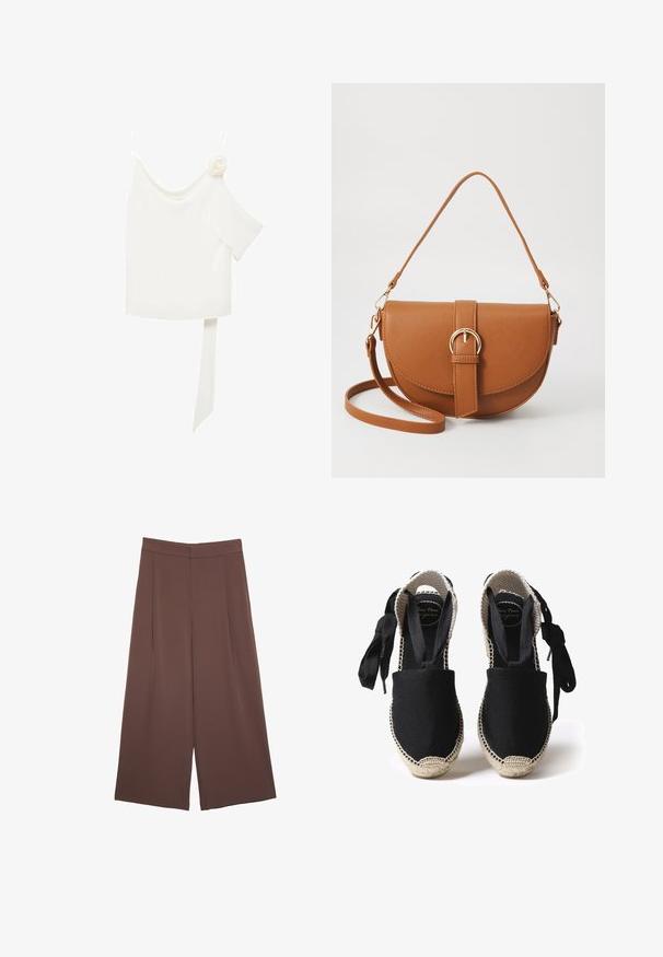 Biela blúzka s jedným ramienkom, na jednej strane s kvetinovým akcentom a dlhým, viazaným panelom v páse. Hladká textura.; Hnedé nohavice so širokými nohavicami a hladkou textúrou, s vysokým pásom a prednými skladmi. Tkanina je ľahká a voľne sa pohybuje.; Čierne plátenné espadrilky s jútovou podrážkou a tkanými okrajmi. Tiesne uväzovanie z rovnakého čierneho materiálu pre nastaviteľné prispôsobenie. Uzavretý špičkový dizajn.; Hnedá kožená kabelka cez telo s zakriveným tvarom, zlatými kovovými doplnkami a akcentom s prackou. Obsahuje odnímateľný ramenný popruh.