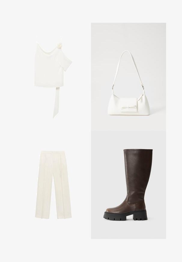 White blouse with a one-shoulder design, featuring a floral accent on one side and a long, tied panel at the waist. Smooth texture.; Wide-legged trousers in a light cream color. Made from a smooth fabric with pleats at the front and side pockets.; Brown knee-high boot made of smooth synthetic leather, featuring a chunky black platform sole and minimal stitching for a sleek design.; White synthetic handbag with a triangular shape, flat front flap and bow detail, adjustable strap, smooth texture, and minimalistic design.