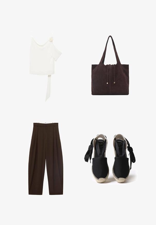 Biała bluzka z asymetrycznym krojem na jedno ramię, z kwiatowym akcentem po jednej stronie i długim, związanym panele przy talii. Gładka faktura.; Brązowe spodnie z wysokim stanem z zakładkami, wykonane z gładkiego materiału. Luźny krój, prosta nogawka, z różkami na pasek i suwakiem.; Czarne espadryle z płótnem, z jucianą podeszwą i plecionymi krawędziami. Sznurówki wykonane z tego samego czarnego materiału dla regulowanego dopasowania. Zasłonięty palce projekt.; Mango - Torba na zakupy