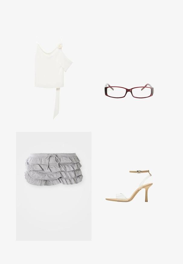 Bijela bluzica s dizajnom jednog ramena, koja s jedne strane ima cvjetni detalj i dugu, vezanu traku u struku. Glatka tekstura.; Siva nabranica s višeslojnim dizajnom tkanine, pojas na vezanje, mekana tekstura, završeni rubovi i sljedeće nabore.; Sandal s prozirnim potplatom i prozirnim gornjim dijelom, bež uloškom i tankim remenom oko gležnja. Ima špicasti vrh i tanak visoki potplat.; Crvene pravokutne naočale s elegantnim dizajnom. Prozorne leće, blago prozirne drške i gradijentni efekt od crvene do sive.