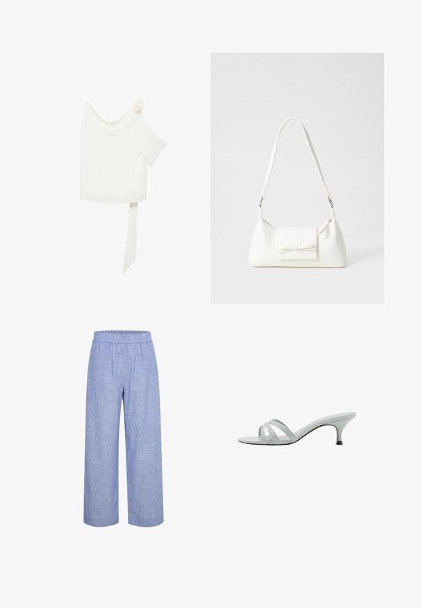 Biela blúzka s jedným ramienkom, na jednej strane s kvetinovým akcentom a dlhým, viazaným panelom v páse. Hladká textura.; Svetlomodré pruhované nohavice s širokými nohavicami a elastickým pásom. Vyrobené z priedušného materiálu, s hladkou, jemnou textúrou a ležérnym strihom.; Svetlo šedé sandále na podpätku s tromi krížovými popruhmi, štíhlym profilom a zužujúcim sa podpätkom. Hladká textura s mierne lesklým povrchom.; Biela syntetická kabelka s trojuholníkovým tvarom, plochým predným klapkou a detailom mašle, nastaviteľným popruhom, hladkou textúrou a minimalistickým dizajnom.