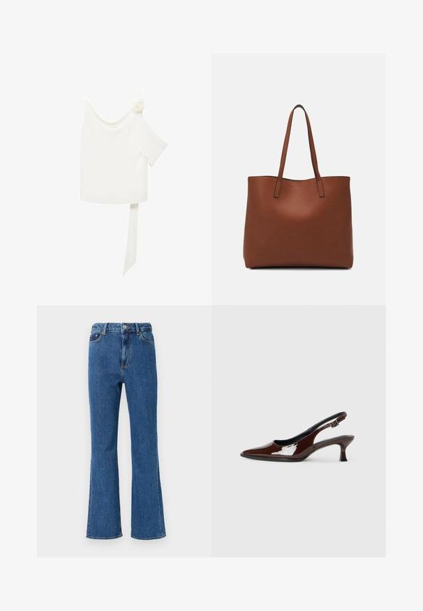 Bílá blůza s jedno-ramenným designem, která má květinový akcent na jedné straně a dlouhý, uvázaný panel v pase. Hladká textura.; Džíny s vysokým pasem a rozšířenými nohavicemi vyrobené z modrého denimu. Mezi jejich vlastnosti patří zapínání na knoflík, přední kapsy a minimální detaily šití.; Hnědé lakované kožené slingback boty s špičatou špičkou a mírným podpatkem. Disponují přezkou pro bezpečné upevnění. Hladký povrch.; Hnědá kožená taška přes rameno s hladkou texturou, otevřeným designem a dvěma ramenními popruhy. Obsahuje minimální švy a žádné viditelné kovové prvky.