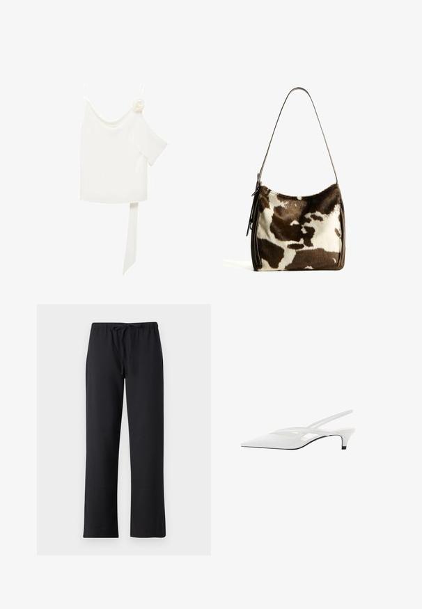 Bijela bluzica s dizajnom jednog ramena, koja s jedne strane ima cvjetni detalj i dugu, vezanu traku u struku. Glatka tekstura.; Crne hlače od mekanog materijala, s elastičnim pojasom i ravnim krojem. Nema vidljivih uzoraka ili dodataka.; Bijela slingback potpetica s oštrom punta, koja ima glatki gornji dio, suptilne izreze i nisku blok potpeticu. Crna potplata naglašava dizajn.; Smeđa i krem torba preko ramena od kravljeg krzna sa glatkim kožnim remenom, zatvaranjem na patentni zatvarač i mekom, teksturiranom površinom koja sadrži prirodan uzorak.