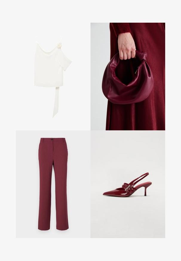 Biela blúzka s jedným ramienkom, na jednej strane s kvetinovým akcentom a dlhým, viazaným panelom v páse. Hladká textura.; Bordové pruhované nohavice s rovnými nohavicami, gombíkovým zapínaním a pútkami na opasok. Hladká tkanina s vertikálnymi pruhmi pre zvýraznenie detailu.; Červené lakované kožené sandále na podpätku s jemne špičatou špičkou, dvoma prackovými remienkami a štíhlym, stredne vysokým ihlovým podpätkom. Hladký povrch.; Burgundská kožená kabelka s mäkkým, zhromaždeným dizajnom a zaobleným tvarom. Rukoväť je pevne zaisťujúca a vystavuje hladkú textúru.