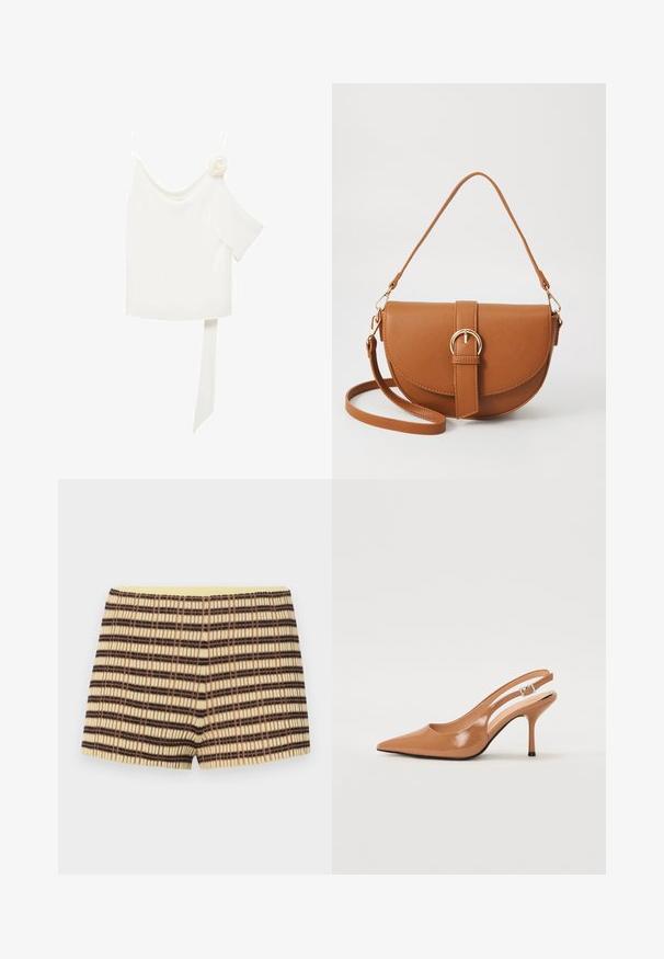Blusa bianca con un design a spalla unica, caratterizzata da un'accento floreale su un lato e un lungo pannello legato in vita. Texture liscia.; bermuda lavorate a maglia in beige con strisce marroni e nere; presentano una texture a coste e una vita elastica gialla.; Tacco slingback a punta affusolata in un materiale tan liscio e lucido. Presenta un design con ritaglio curvo e un sottile tacco a stiletto. Dettaglio con fibbia argentata.; Borsa a tracolla in pelle marrone con forma curvata, hardware dorato e un dettaglio con fibbia. Presenta una tracolla rimovibile.