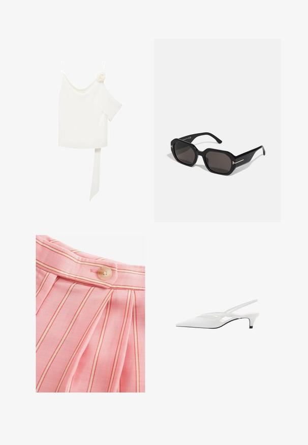 Weißes Blusenshirt mit einem schulterfreien Design, versehen mit einem floralen Akzent auf einer Seite und einem langen, gebundenen Paneel an der Taille. Glatte Textur.; Helles rosa Fabric mit vertikalen roten Streifen, entspannten Falten und einer abgerundeten Knopfverschlusseinstellung am Bund. Glatte Textur.; Weißer Slingback-Absatzschuh mit spitzer Zehenpartie, featuring ein glattes Obermaterial, subtile Ausschnitte und einen niedrigen Blockabsatz. Die schwarze Sohle betont das Design.; Schwarze achteckige Sonnenbrille mit dunkel getönten Gläsern. Sie verfügt über ein schlankes, glänzendes Gestell. Dünne goldene Akzente an der Vorder- und den Seiten werten das Design auf.; Geflochtene Strohtasche mit geschwungener Silhouette, ausgestattet mit einem glatten schwarzen Ledergriff und einem passenden kleinen Beutel, der mit einem Handgelenkriemen befestigt ist.