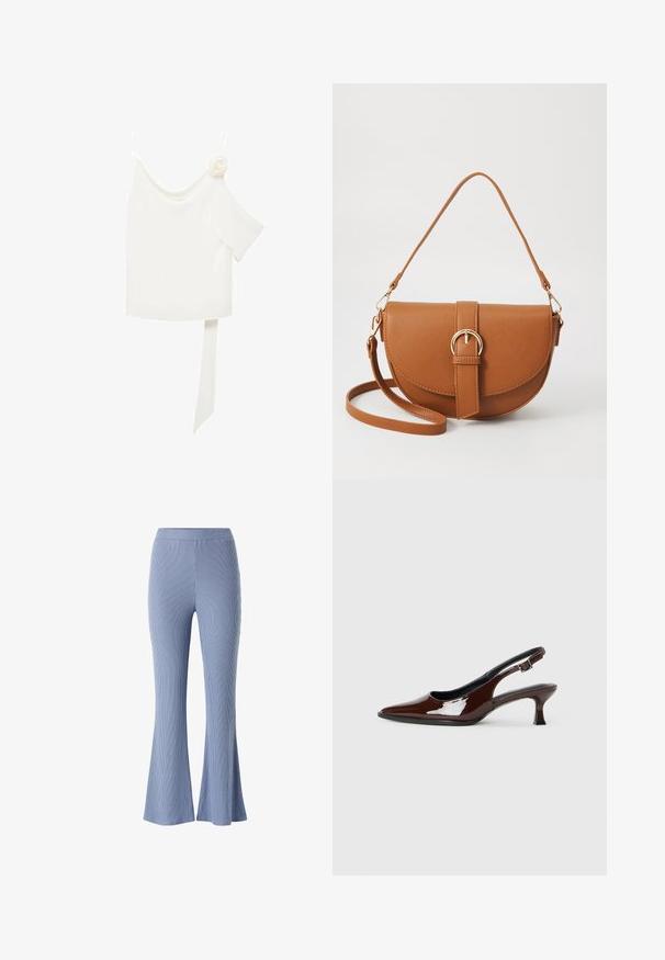 Hvid bluse med en skulderdesign, der har en blomsterdetalje på den ene side og et langt bundet panel om livet. Glat tekstur.; Blå ribbede flared bukser med en tætsiddende talje og struktureret stof. Bukserne har en let udvidelse nederst, hvilket fremhæver deres form.; Brun patenteret læder slingback sko med spids tå og en moderat hæl. Har en spænde rem for en sikker pasform. Glat tekstur.; Brun læder crossbody taske med en buet form, guldfarvet hardware og en spændeaccent. Har en aftagelig skulderrem.