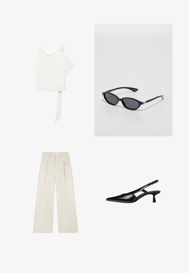 White blouse with a one-shoulder design, featuring a floral accent on one side and a long, tied panel at the waist. Smooth texture.; Beige wide-leg pants with vertical pinstripes, featuring front pockets, pleats, and a stitched waistband for structure.; Black patent leather slingback heels with a pointed toe, cut-out side design, and a small square heel. Smooth texture with minimal accents.; Black sunglasses with oval lenses, dark gradient tint, and slim arms featuring subtle gold accents. Smooth plastic finish.; Brown textured leather crossbody bag with gold chain strap and flap closure. Front features logo detail and a pocket under the flap.