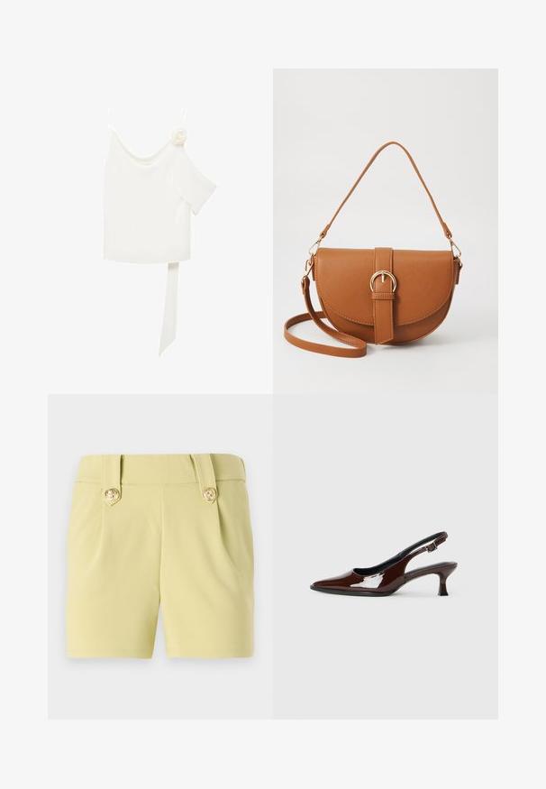 Blouse blanche à une épaule, ornée d'une accent floral d'un côté et d'un long panneau noué à la taille. Texture lisse.; Shorts jaune clair en tissu lisse, avec deux plis à l'avant et des boutons décoratifs dorés sur la taille. Design ajusté.; Chaussure slingback en cuir verni marron avec un bout pointu et un talon modéré. Elle est dotée d'une sangle à boucle pour un ajustement sécuritaire. Texture lisse.; Sac bandoulière en cuir marron avec une forme incurvée, quincaillerie dorée et un accent en boucle. Comprend une bandoulière détachable.