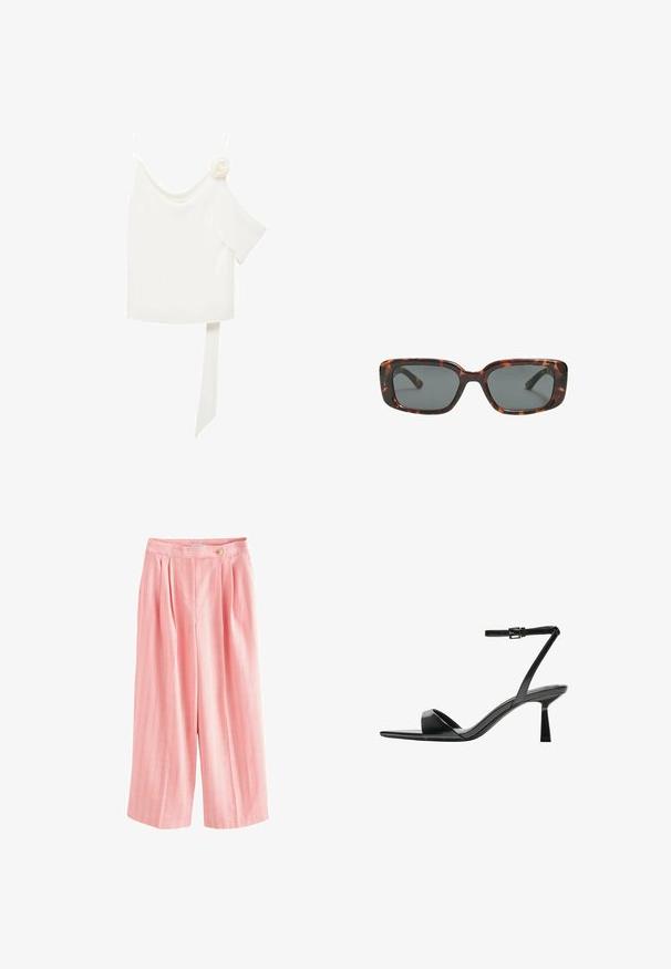 Weißes Blusenshirt mit einem schulterfreien Design, versehen mit einem floralen Akzent auf einer Seite und einem langen, gebundenen Paneel an der Taille. Glatte Textur.; Rosa weit geschnittene Hose mit vertikalen Streifen in Gelb und Weiß, mit Falten und einem Knopfverschluss am Bund. Weicher, strukturierter Stoff.; Bershka High Heel Sandalette - black; Sonnenbrille im Schildpatt-Design mit rechteckigen Gläsern, dicken Rahmen und dunkelgetönten Gläsern. Glatte Textur und minimalistisches Design.; Klare und bernsteinfarbene Harzringe, einer glatt und transparent, der andere mit einer strukturierten, bernsteinfarbenen Oberfläche. Beide haben ein abgerundetes, massives Design.